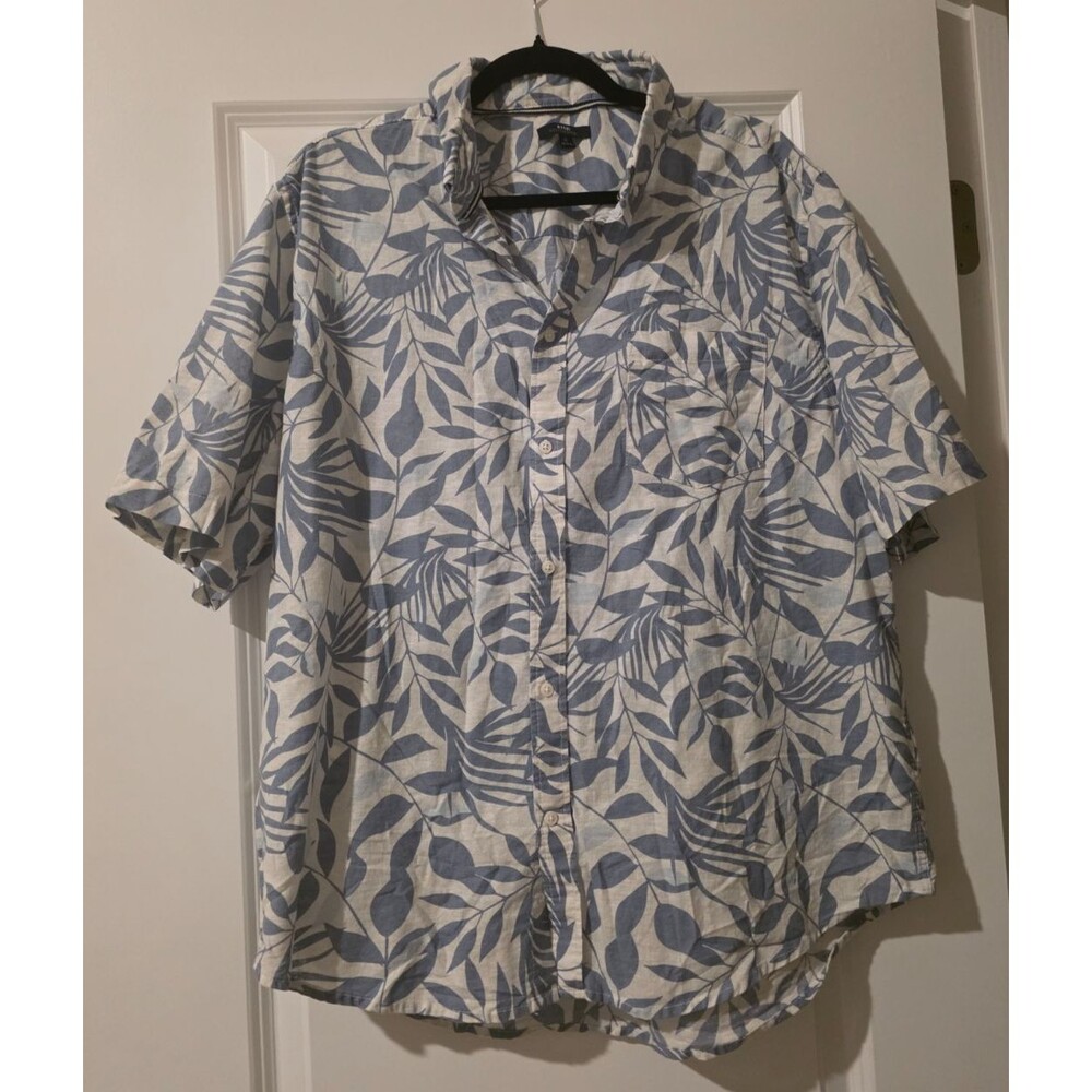 Men's Linen Blend Short-Sleeved Tropical Print Button Up Blue White Size XL